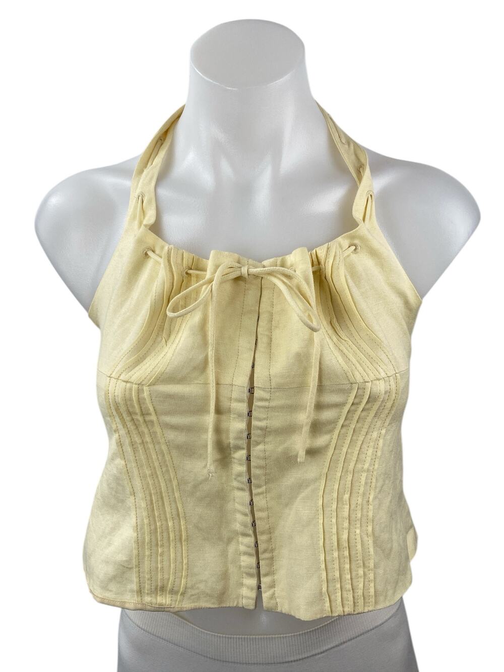 ASTR The Label Yellow Halter Pintucked Smocked Tie Sleeveless Crop Top Size S - Picture 1 of 6